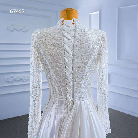 Vestido de novia de satén blanco de sirena, mangas largas, encaje con cuentas y cordones, 2025, alta gama, hecho a medida, HM67457 