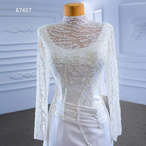 Vestido de novia de satén blanco de sirena, mangas largas, encaje con cuentas y cordones, 2025, alta gama, hecho a medida, HM67457 