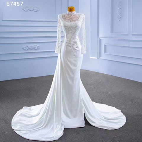Vestido de novia de satén blanco de sirena, mangas largas, encaje con cuentas y cordones, 2025, alta gama, hecho a medida, HM67457 