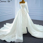 White Mermaid Satin Wedding Dresses 2025 Beaded Pearls Overskirt Sexy Bridal Dress HM67244 Custom Made