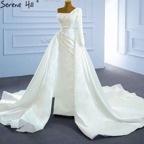 Vestido de novia de satén blanco estilo sirena 2025 con sobrefalda de perlas y cuentas, vestido de novia sexy HM67244, hecho a medida 