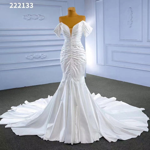 Vestido de novia blanco de corte sirena, sexy, con hombros descubiertos, encaje y cuentas, 2025, alta gama, hecho a medida, HM222133 