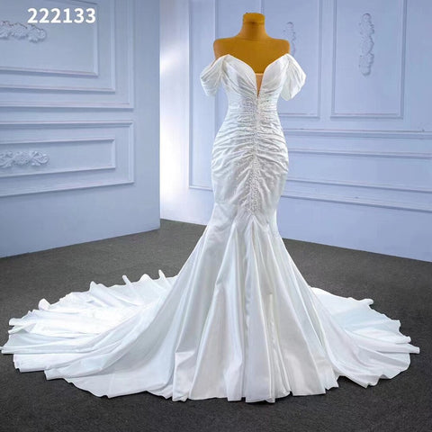 Vestido de novia blanco de corte sirena, sexy, con hombros descubiertos, encaje y cuentas, 2025, alta gama, hecho a medida, HM222133 