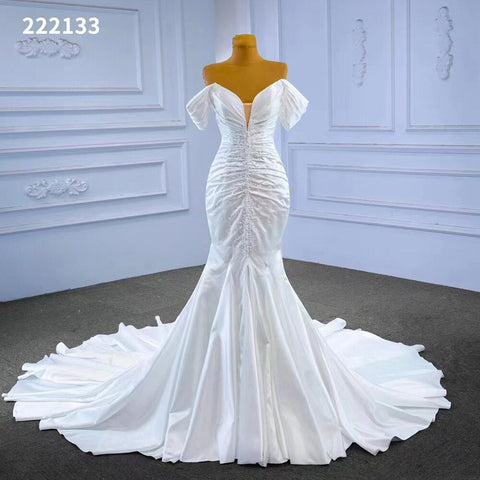 Vestido de novia blanco de corte sirena, sexy, con hombros descubiertos, encaje y cuentas, 2025, alta gama, hecho a medida, HM222133 