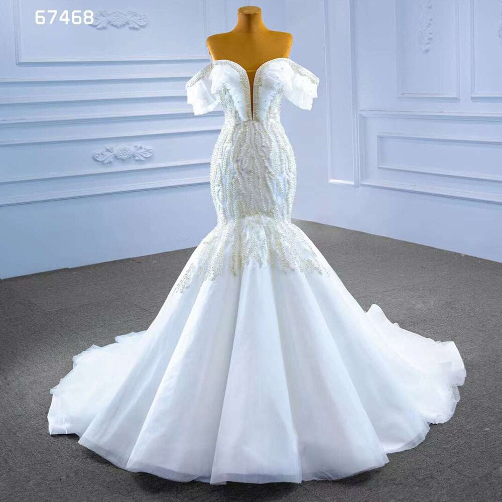 White Mermaid Sexy Off Shoulder Pearls Beaded Lace Up Bride Gowns Wedding Dress 2025  High End Custom Made HM67468