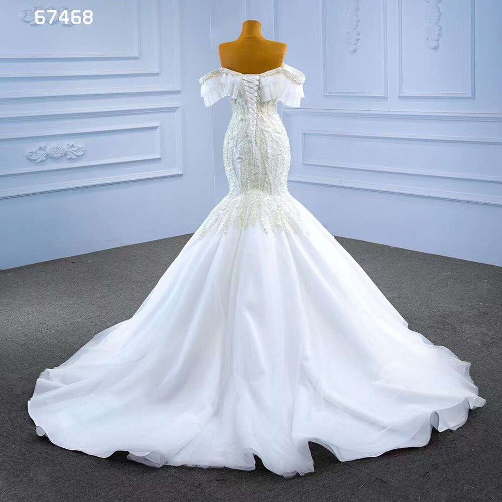 White Mermaid Sexy Off Shoulder Pearls Beaded Lace Up Bride Gowns Wedding Dress 2025  High End Custom Made HM67468