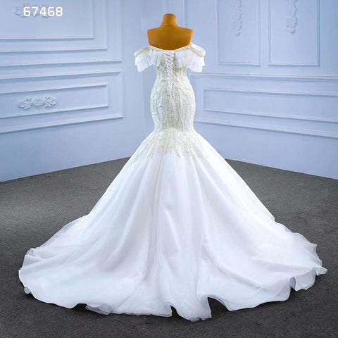 Vestido de novia blanco de corte sirena, sexy, con hombros descubiertos, perlas, cuentas y cordones, 2025, alta gama, hecho a medida, HM67468 