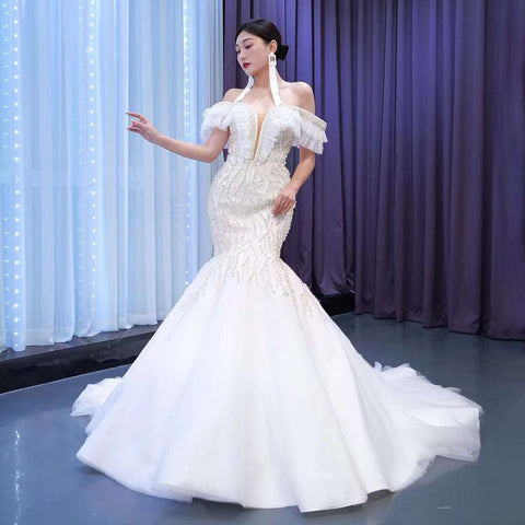 Vestido de novia blanco de corte sirena, sexy, con hombros descubiertos, perlas, cuentas y cordones, 2025, alta gama, hecho a medida, HM67468 