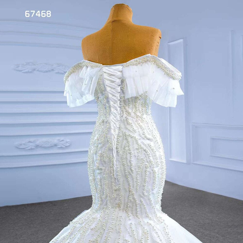 White Mermaid Sexy Off Shoulder Pearls Beaded Lace Up Bride Gowns Wedding Dress 2025  High End Custom Made HM67468
