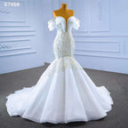 White Mermaid Sexy Off Shoulder Pearls Beaded Lace Up Bride Gowns Wedding Dress 2025  High End Custom Made HM67468