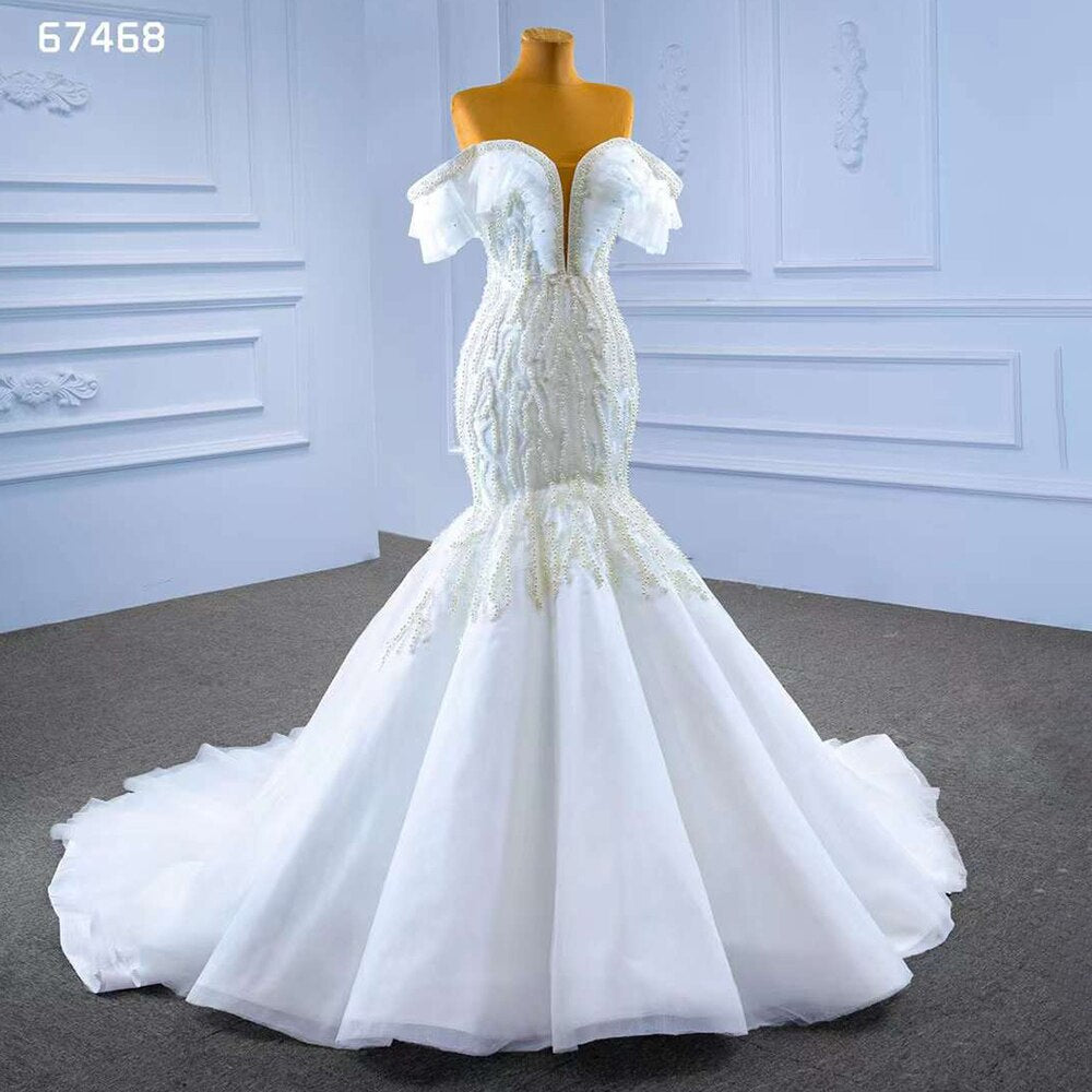 White Mermaid Sexy Off Shoulder Pearls Beaded Lace Up Bride Gowns Wedding Dress 2025  High End Custom Made HM67468