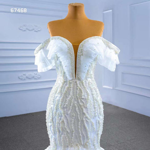 Vestido de novia blanco de corte sirena, sexy, con hombros descubiertos, perlas, cuentas y cordones, 2025, alta gama, hecho a medida, HM67468 
