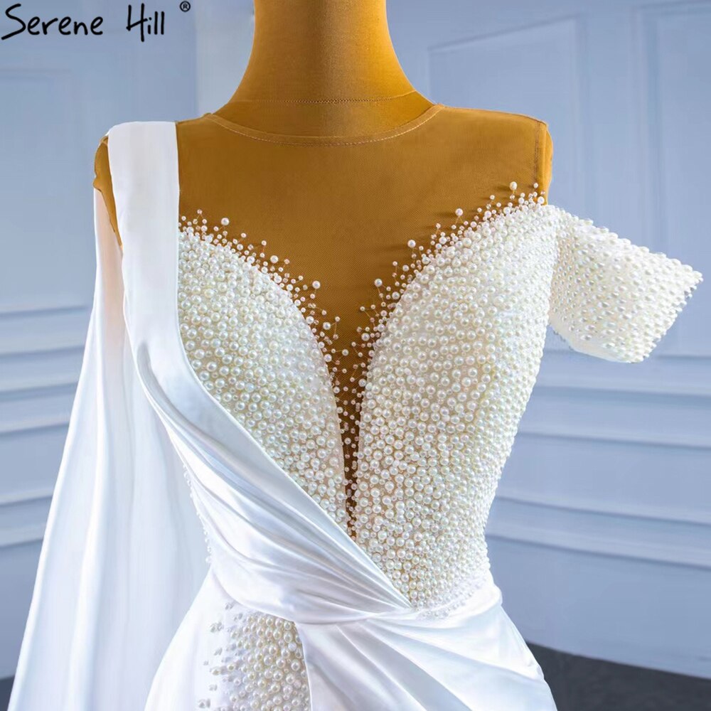 White Mermaid With Train Evening Dresses Gwons 2025 Satin Pearls Elegant Sexy For Women Party HM67238