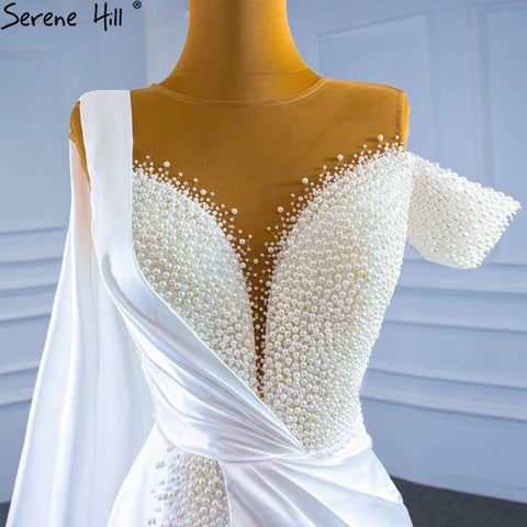 Vestido de noche de sirena blanca con cola, Gwons 2025, satén con perlas, elegante y sexy para mujer, fiesta HM67238 