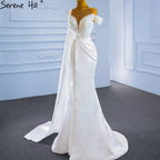 White Mermaid With Train Evening Dresses Gwons 2025 Satin Pearls Elegant Sexy For Women Party HM67238
