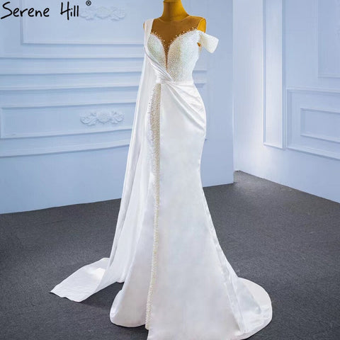 Vestido de noche de sirena blanca con cola, Gwons 2025, satén con perlas, elegante y sexy para mujer, fiesta HM67238 