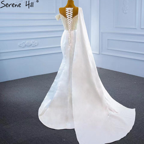 Vestido de noche de sirena blanca con cola, Gwons 2025, satén con perlas, elegante y sexy para mujer, fiesta HM67238 