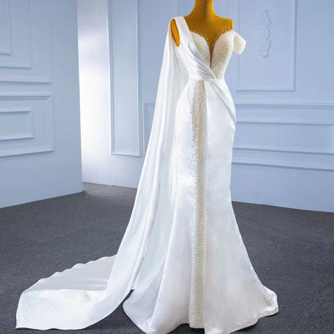 Vestido de noche de sirena blanca con cola, Gwons 2025, satén con perlas, elegante y sexy para mujer, fiesta HM67238 