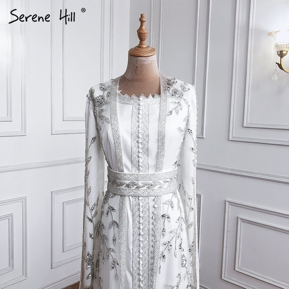 White Muslim  Caftan Luxury Mermaid Evening Dress 2025 Cape Sleeves Beading Gowns Elegant For Women Party LA71015