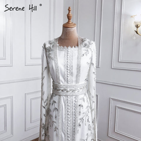 Vestido de noche de sirena de lujo, caftán musulmán blanco, 2025, mangas largas, con cuentas, elegante para mujer, fiesta LA71015 