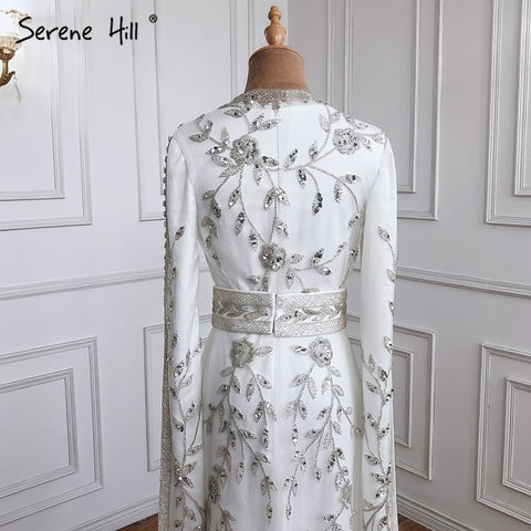 Vestido de noche de sirena de lujo, caftán musulmán blanco, 2025, mangas largas, con cuentas, elegante para mujer, fiesta LA71015 