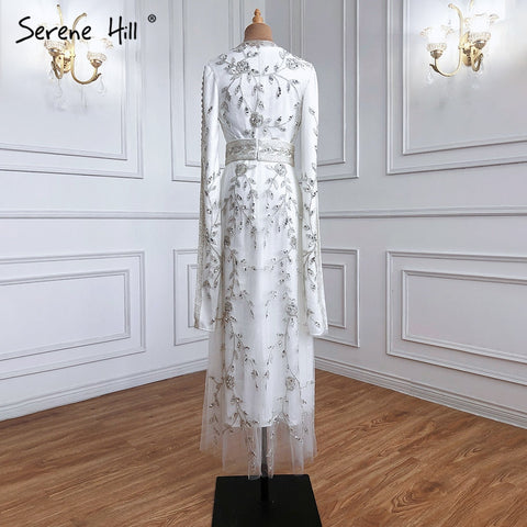Vestido de noche de sirena de lujo, caftán musulmán blanco, 2025, mangas largas, con cuentas, elegante para mujer, fiesta LA71015 