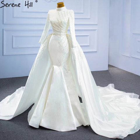 Vestido de novia musulmán blanco con cola desmontable, corte sirena, elegante, de satén con cuentas, HM67248, hecho a medida, 2025 