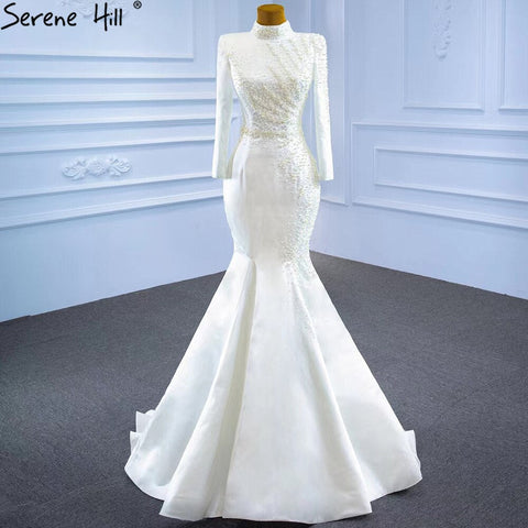 Vestido de novia musulmán blanco con cola desmontable, corte sirena, elegante, de satén con cuentas, HM67248, hecho a medida, 2025 