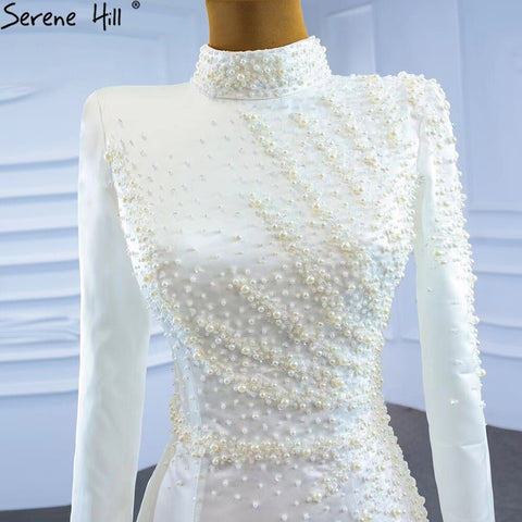 Vestido de novia musulmán blanco con cola desmontable, corte sirena, elegante, de satén con cuentas, HM67248, hecho a medida, 2025 