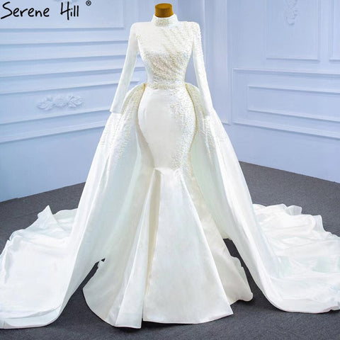 Vestido de novia musulmán blanco con cola desmontable, corte sirena, elegante, de satén con cuentas, HM67248, hecho a medida, 2025 