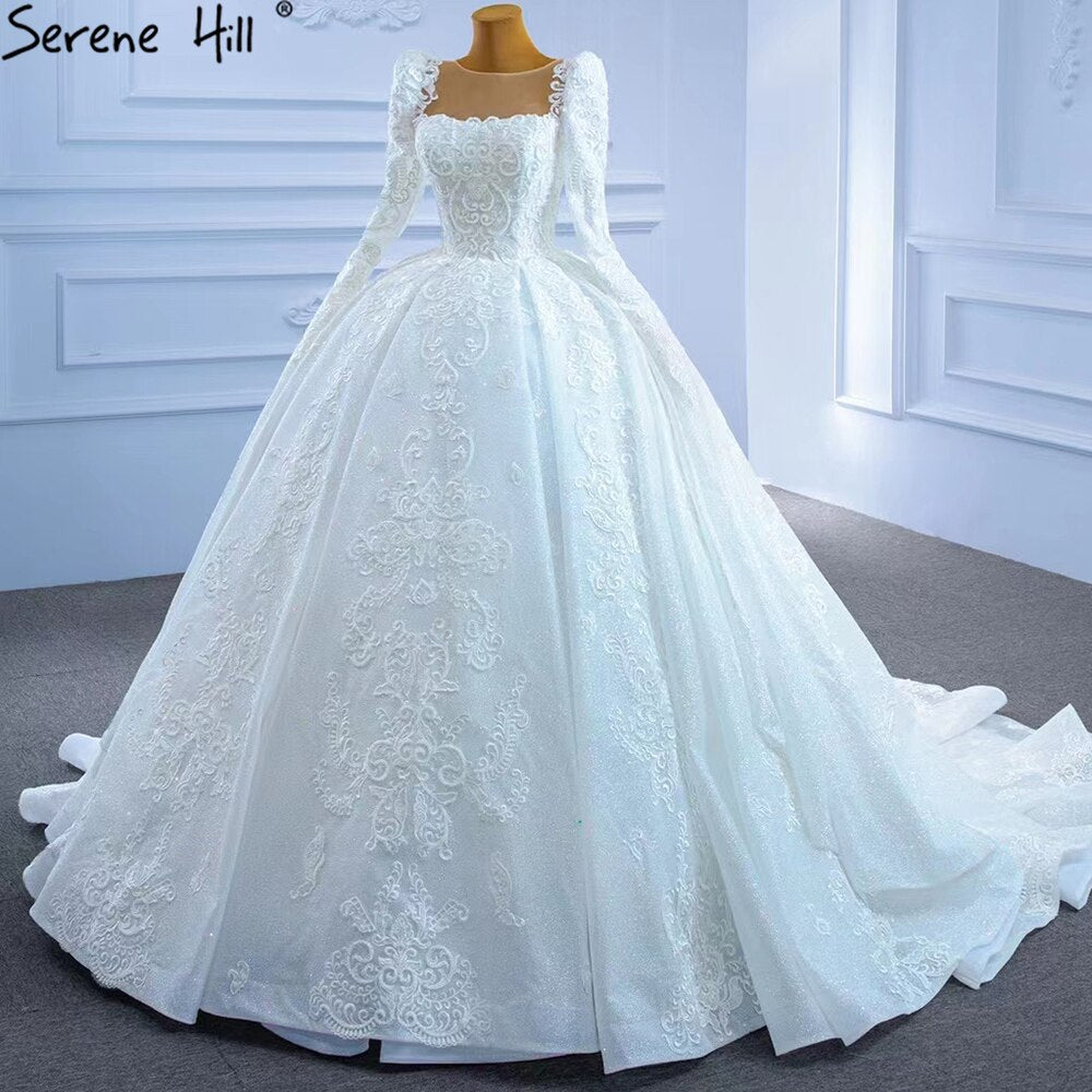 White Muslim Lace Beaded Wedding Dresses 2025 Luxury High-end Ball Gown Bridal Dress HM67258 Custom Made