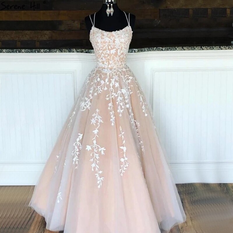 White Nude A-Line Prom Dresses 2025 Crystal Lace Flower Spaghetti Strap Graduation School Party Gown LA70506