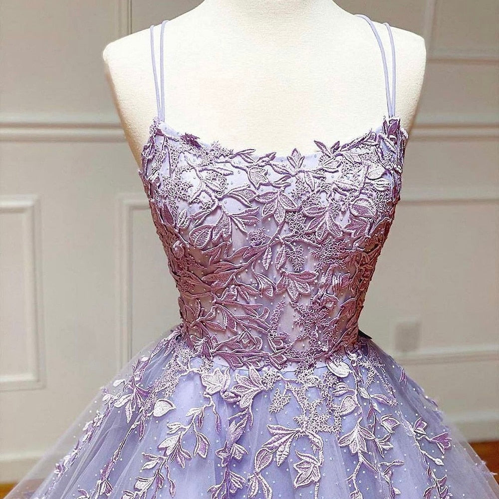 White Nude A-Line Prom Dresses 2025 Crystal Lace Flower Spaghetti Strap Graduation School Party Gown LA70506
