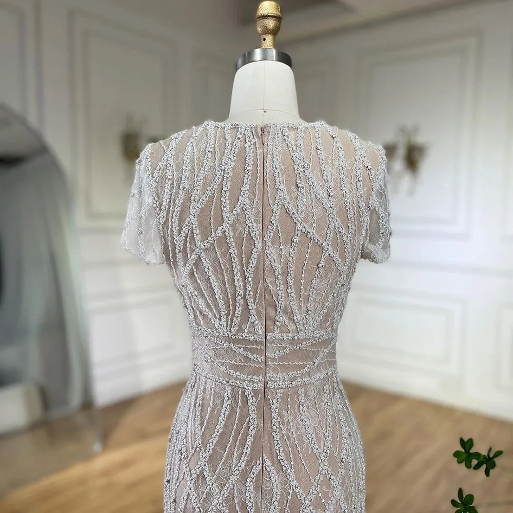 White Nude Ankle Length Beaded Evening Dress with Feathers LA72076A