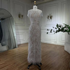 White Nude Ankle Length Beaded Evening Dress with Feathers LA72076A