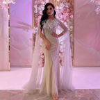White Nude Elegant Mermaid Evening Dresses Gowns 2025 Feathers With Cape Sleeves Beaded For Women Party LA71724