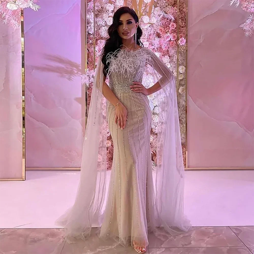 White Nude Elegant Mermaid Evening Dresses Gowns 2025 Feathers With Cape Sleeves Beaded For Women Party LA71724