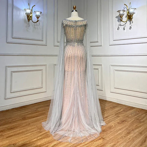 Elegante vestido de noche de sirena color blanco nude, con plumas y mangas estilo capa, con cuentas, para mujer, fiesta, LA71724 