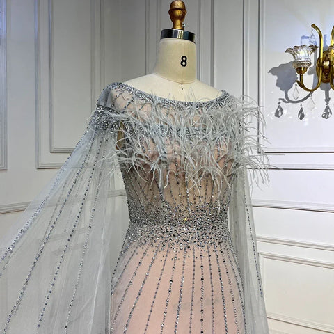 Elegante vestido de noche de sirena color blanco nude, con plumas y mangas estilo capa, con cuentas, para mujer, fiesta, LA71724 