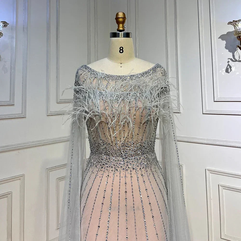 White Nude Elegant Mermaid Evening Dresses Gowns 2025 Feathers With Cape Sleeves Beaded For Women Party LA71724