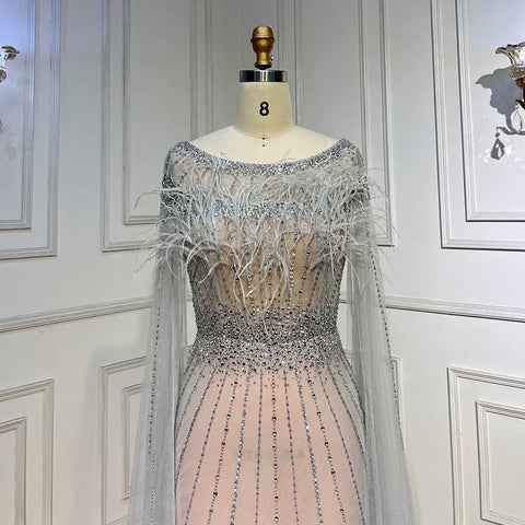 Elegante vestido de noche de sirena color blanco nude, con plumas y mangas estilo capa, con cuentas, para mujer, fiesta, LA71724 