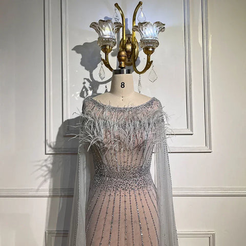 Elegante vestido de noche de sirena color blanco nude, con plumas y mangas estilo capa, con cuentas, para mujer, fiesta, LA71724 
