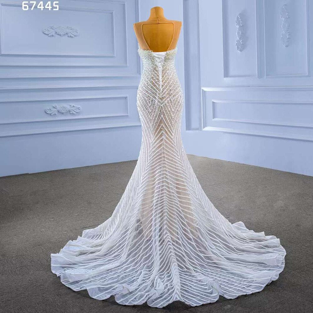 White Nude Elegant Mermaid High End Custom Made Pearls Luxury Beaded Lace Up Bride Gowns Wedding Dress 2025 HM67445
