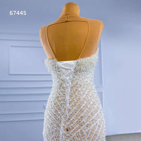 Vestido de novia elegante de sirena, color blanco nude, de alta gama, hecho a medida, con perlas, de lujo, con cuentas y cordones, HM67445, 2025 