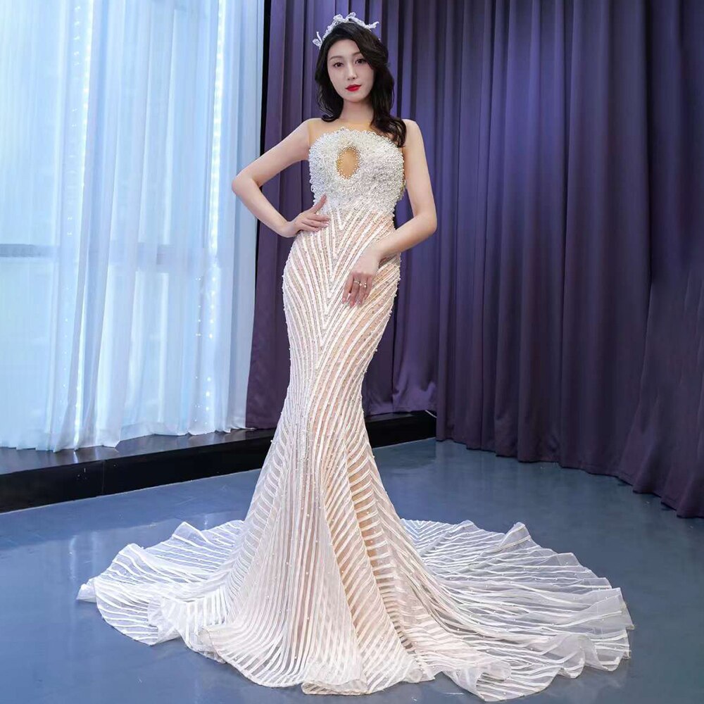 White Nude Elegant Mermaid High End Custom Made Pearls Luxury Beaded Lace Up Bride Gowns Wedding Dress 2025 HM67445