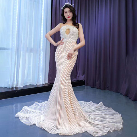 Vestido de novia elegante de sirena, color blanco nude, de alta gama, hecho a medida, con perlas, de lujo, con cuentas y cordones, HM67445, 2025 