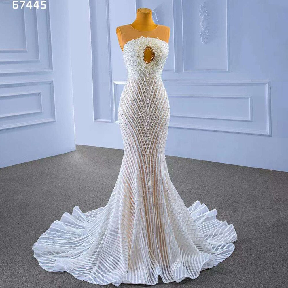 White Nude Elegant Mermaid High End Custom Made Pearls Luxury Beaded Lace Up Bride Gowns Wedding Dress 2025 HM67445