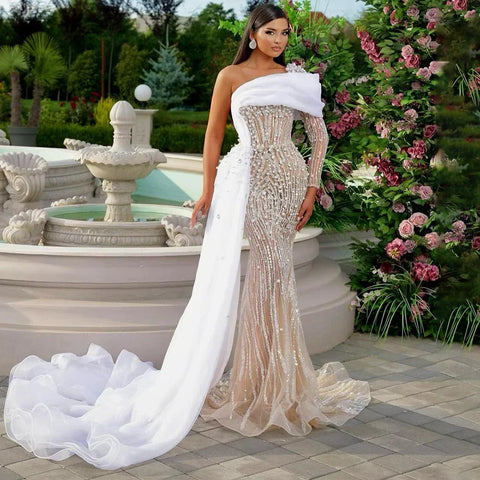 Elegante vestido de noche blanco nude con un solo hombro y cuentas de perlas de lujo para mujer, ideal para bodas y fiestas 2025 LA72493