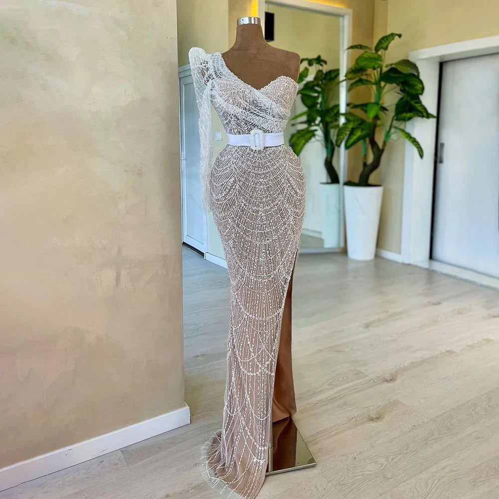 White Nude Mermaid One Shoulder High Split Beaded Luxury Evening Dresses Gowns For Women Wedding Party 2025 LA72269
