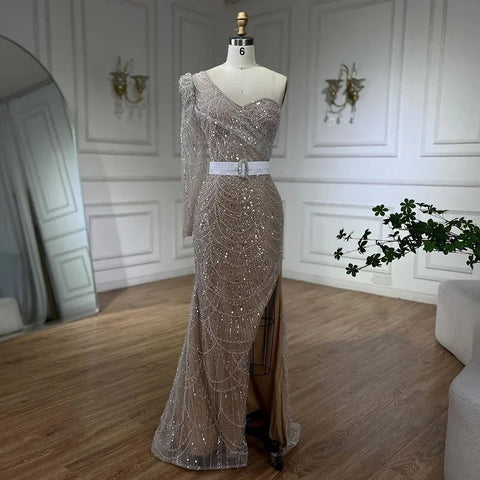 Vestido de noche de lujo con escote sirena, un hombro, abertura alta y cuentas, color blanco nude, para mujer, para boda, fiesta, 2025, LA72269 
